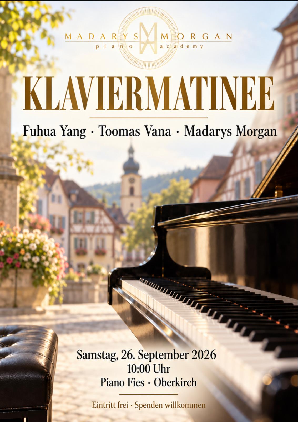 Klaviermatinee am 26. September 2026 bei Piano Fies in Oberkirch mit Fuhua Yang, Toomas Vana und Madarys Morgan. Eintritt frei.